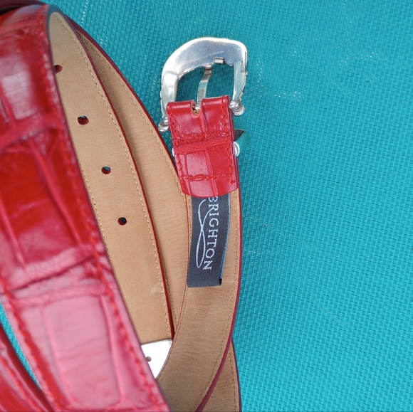 Brighton Belt ML 32" 44412 Red Croc Embossed Silver tone Buckle Belt - Picture 2 of 4